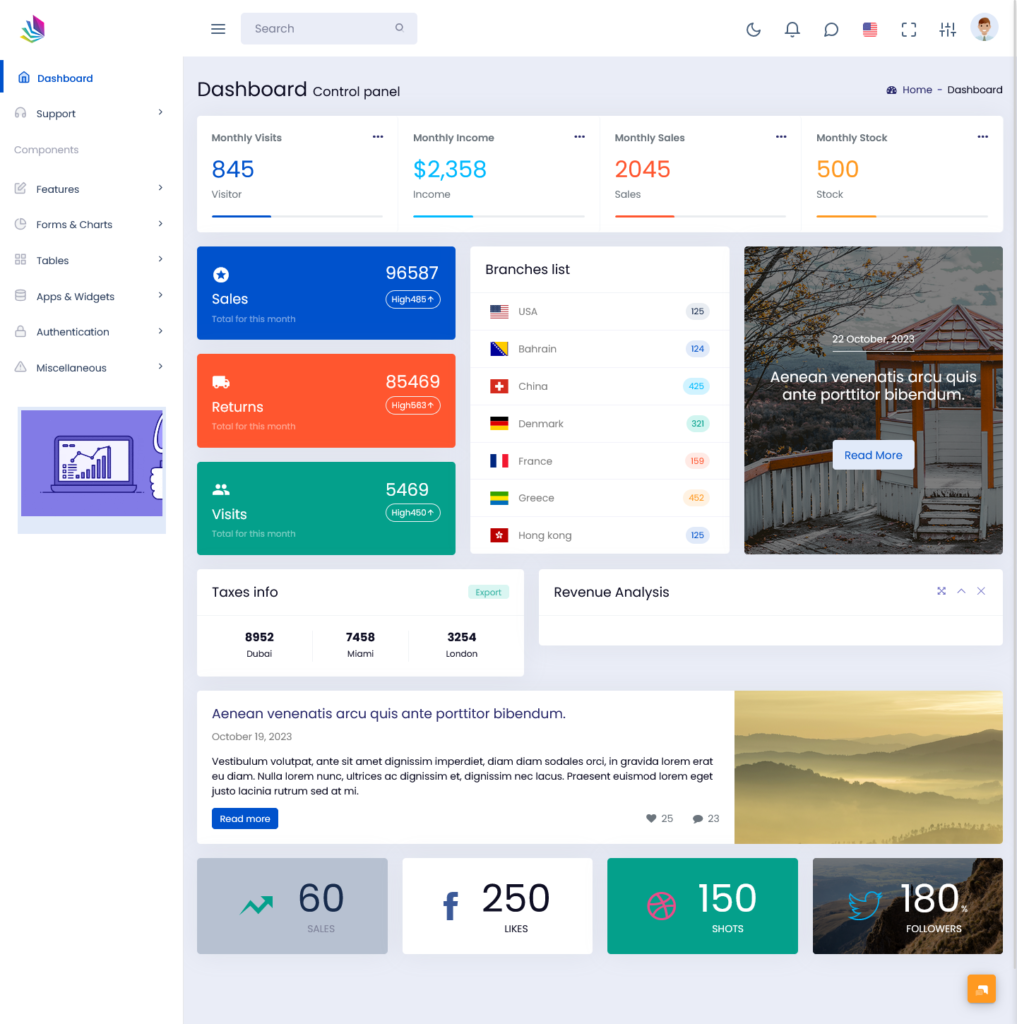 Pixel Bootstrap Admin Template dashboard view showing analytics cards for monthly visits, income, sales, and stock, along with sales stats, branch list, revenue analysis, and social media metrics.