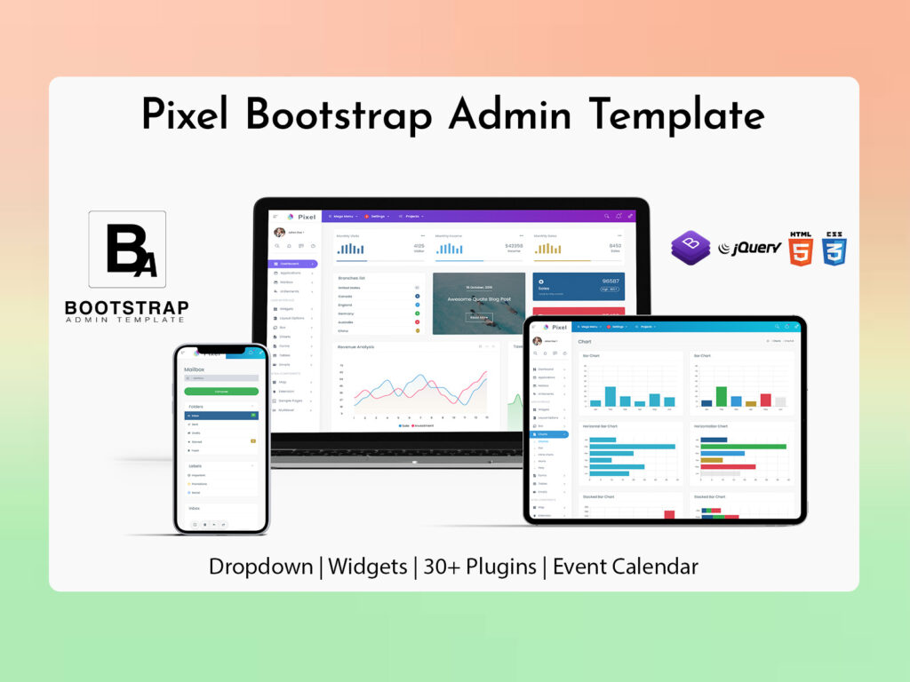 Pixel Bootstrap Admin Template – Responsive dashboard design for web apps with charts, widgets, 30+ plugins, and event calendar, built using Bootstrap, jQuery, HTML5, and CSS3.